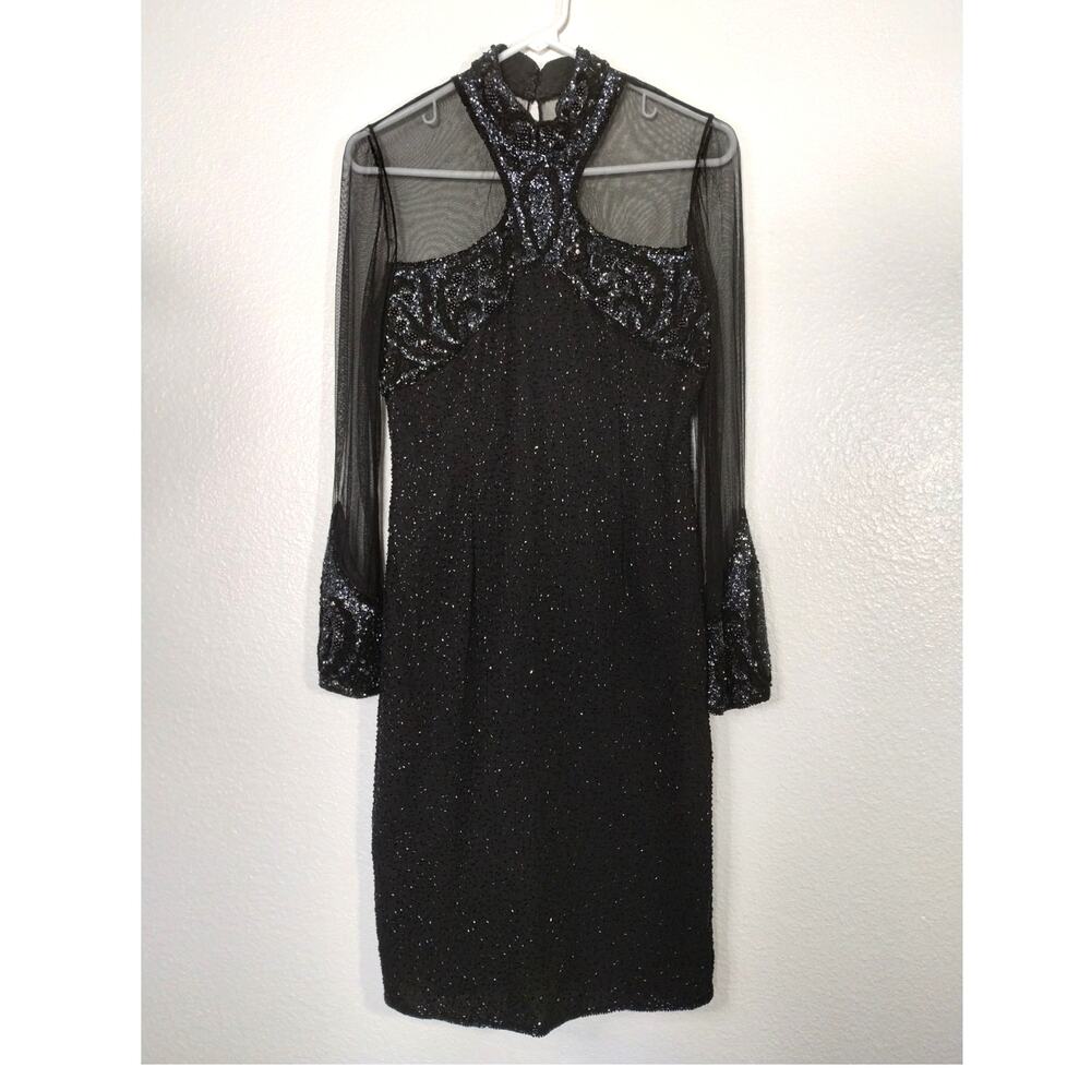 Lillie Rubin Vintage Size Small Black Beaded Sheer Sleeves Glam Cocktail Dress